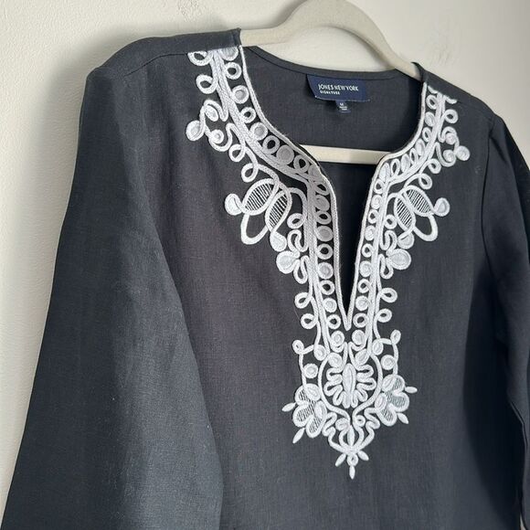 JONES NEW YORK Linen Split Neck Tunic Top Blouse Black Soutache Embroidery Sz. M - Picture 3 of 10